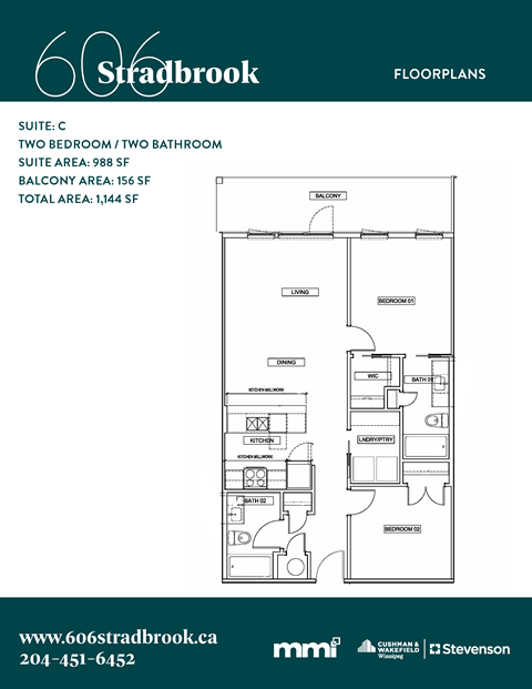 Floor plan for 2 beds, 2 baths, 988 sqft